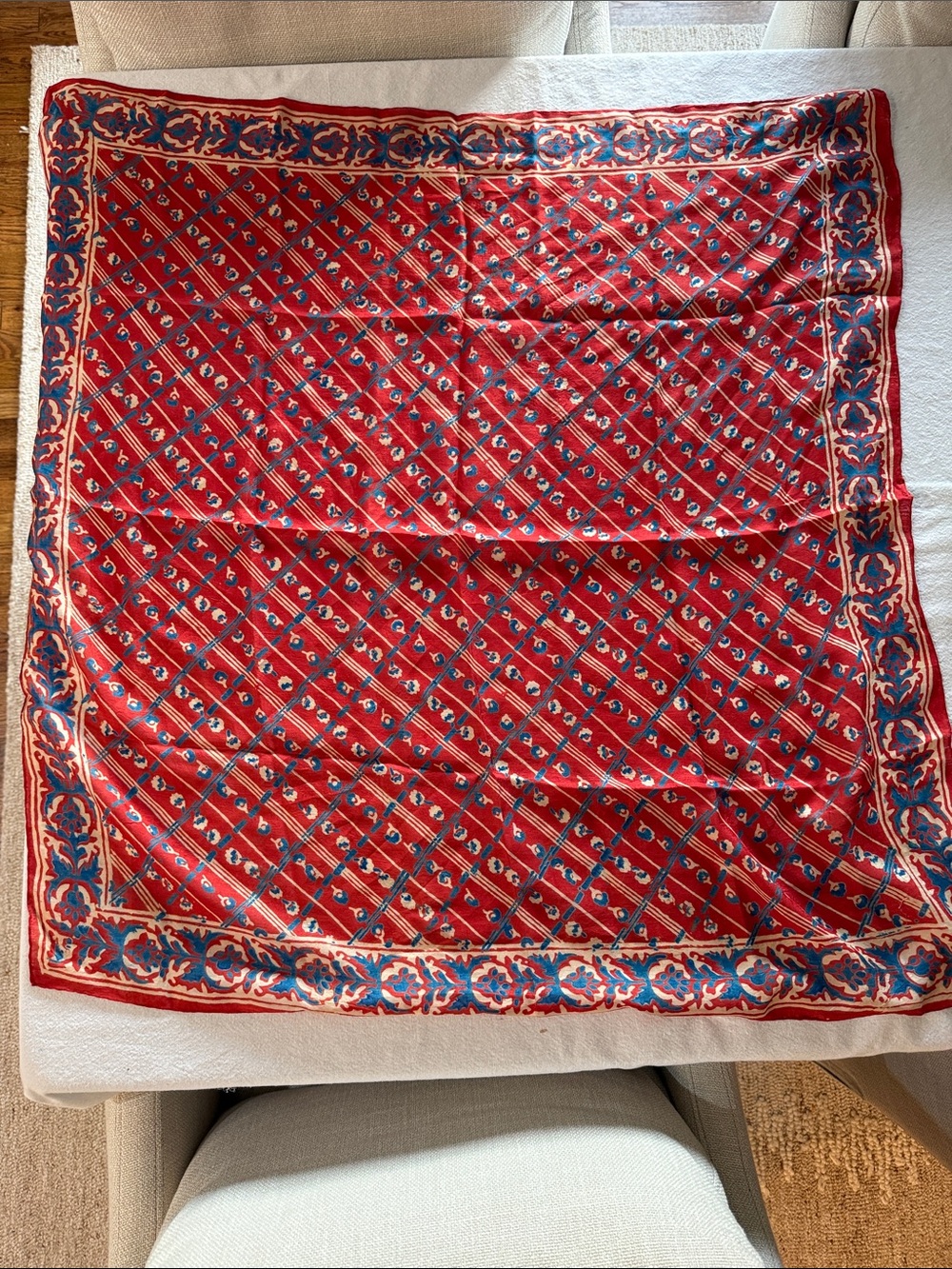 Vintage Silk Red Patterned Square Scarf
